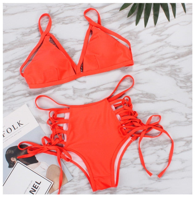 High Waist  Lace Up Bikini