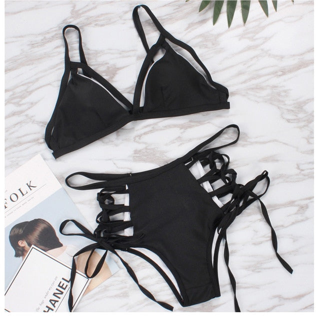 High Waist  Lace Up Bikini